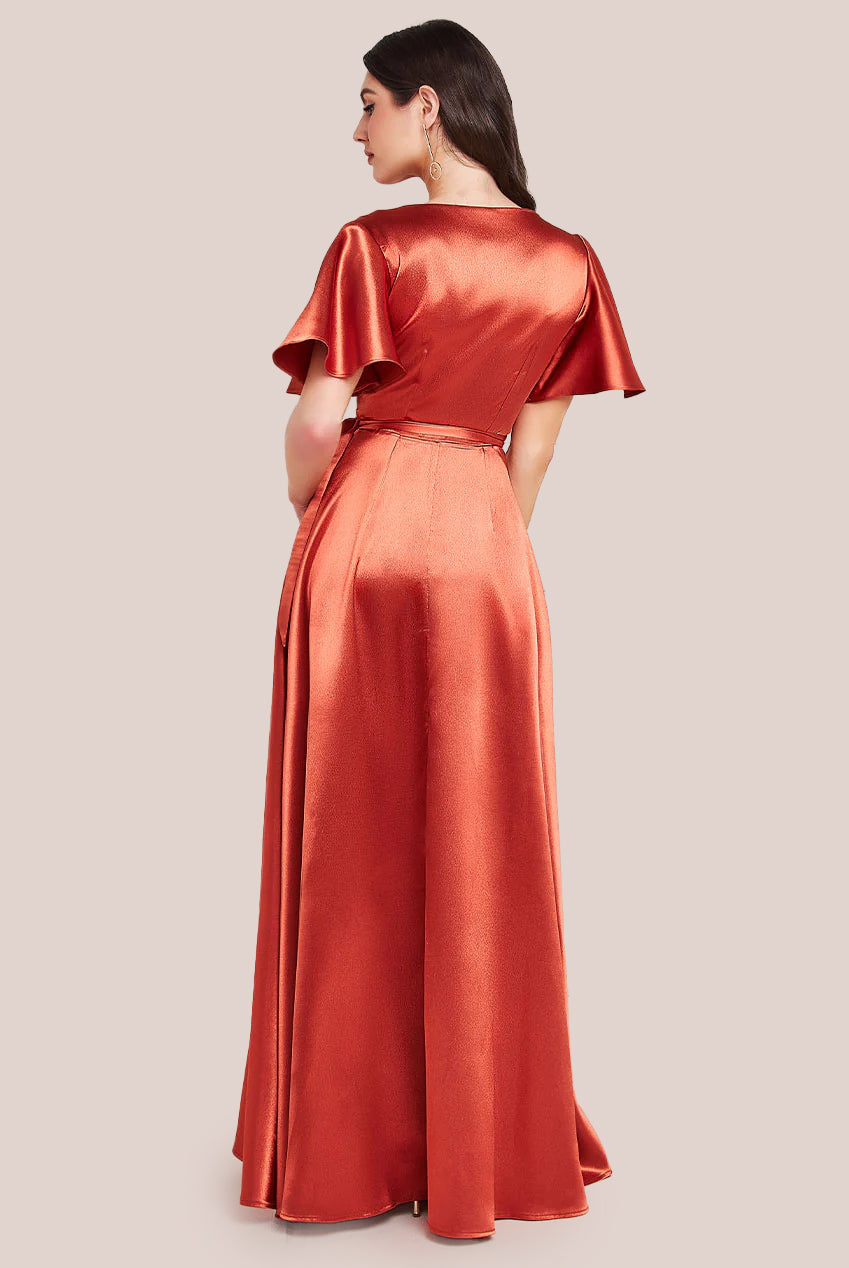 Flutter Sleeve Wrapover Satin Maxi Dress - Orange DR3955