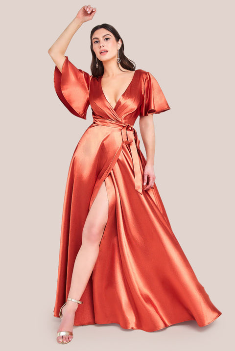 Flutter Sleeve Wrapover Satin Maxi Dress - Orange by Goddiva