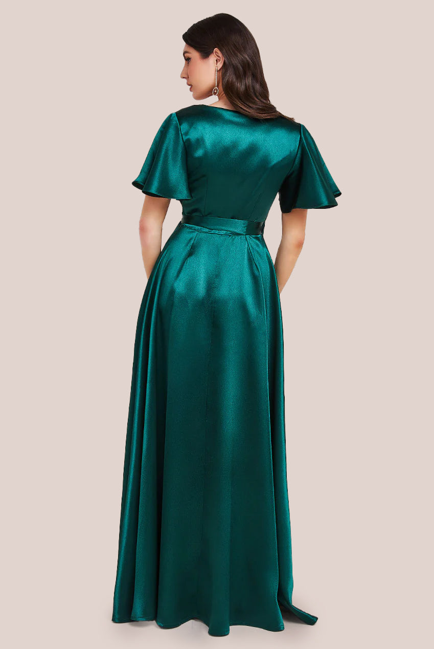 Flutter Sleeve Wrapover Satin Maxi Dress - Emerald Green DR3955