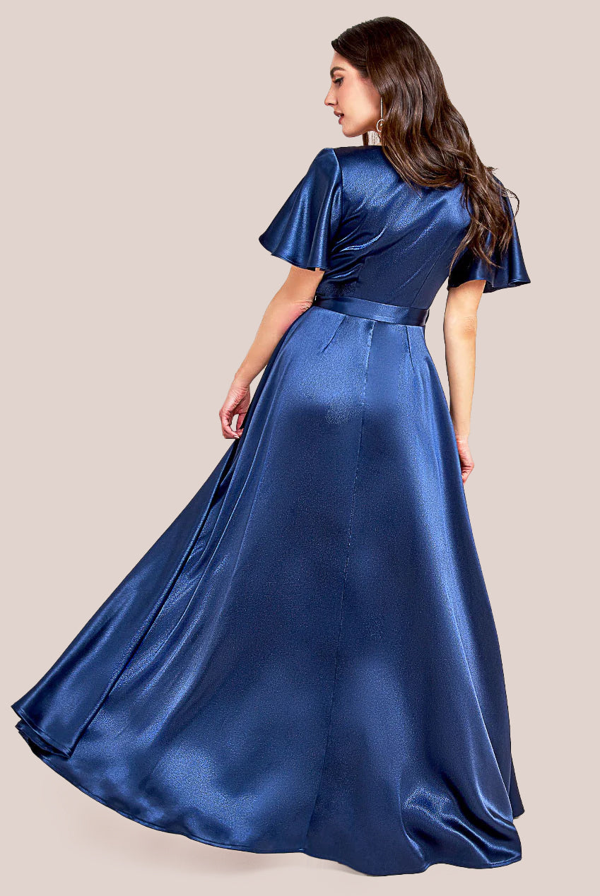 Flutter Sleeve Wrapover Satin Maxi Dress - Navy DR3955