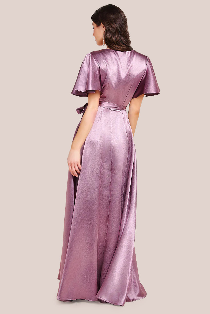 Flutter Sleeve Wrapover Satin Maxi Dress - Rose Pink DR3955