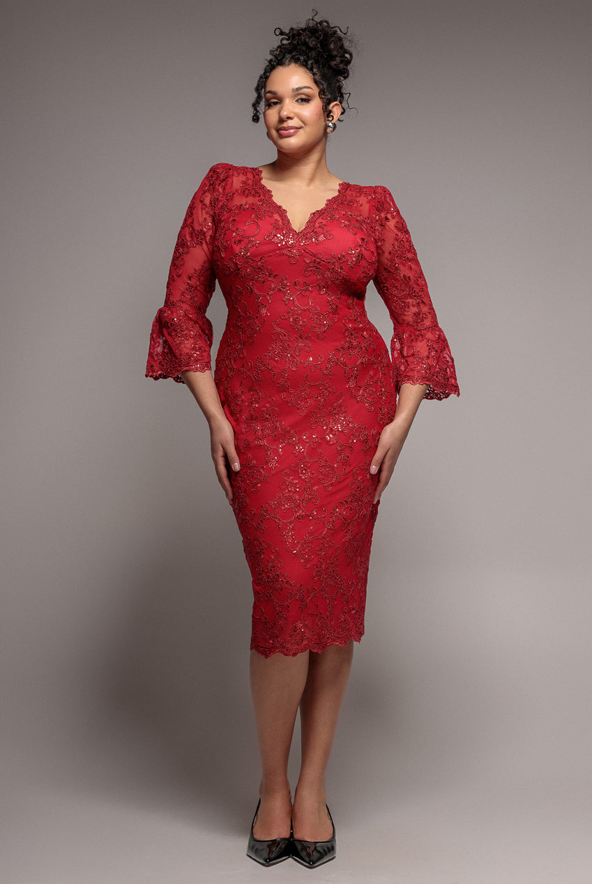 Scallop Lace Midi Dress- Red