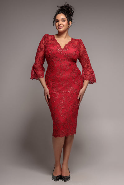 Red - Scallop Lace Midi Dress- Red by Goddiva Plus