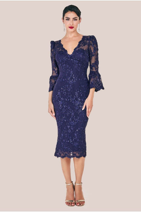 Sequin Scallop Lace Midi Dress - Navy DR3960