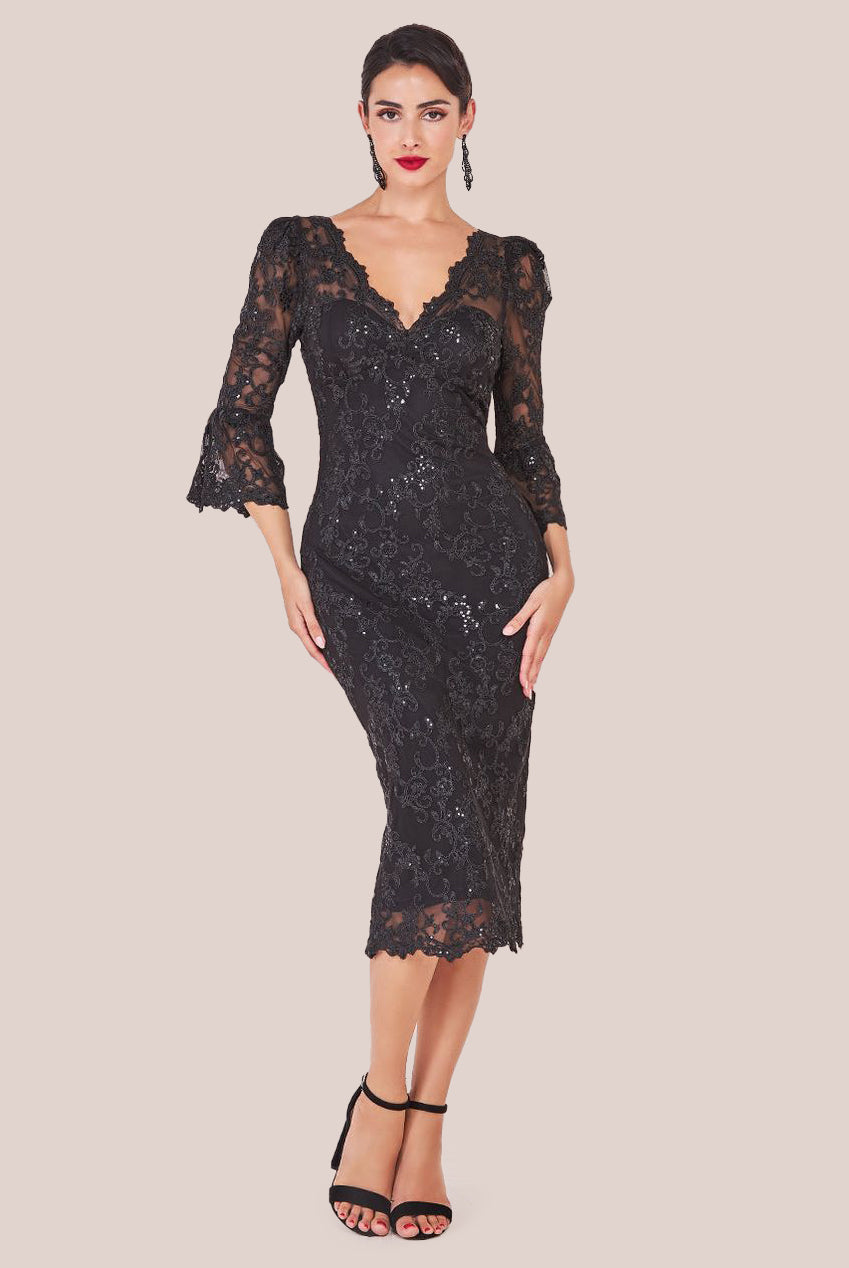 Sequin Scallop Lace Midi Dress - Black DR3960