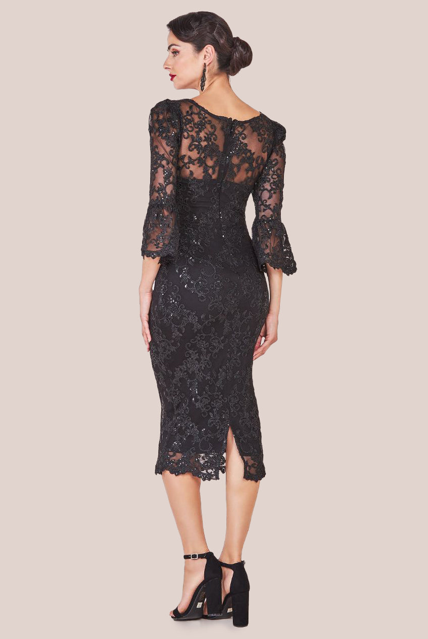 Sequin Scallop Lace Midi Dress - Black DR3960