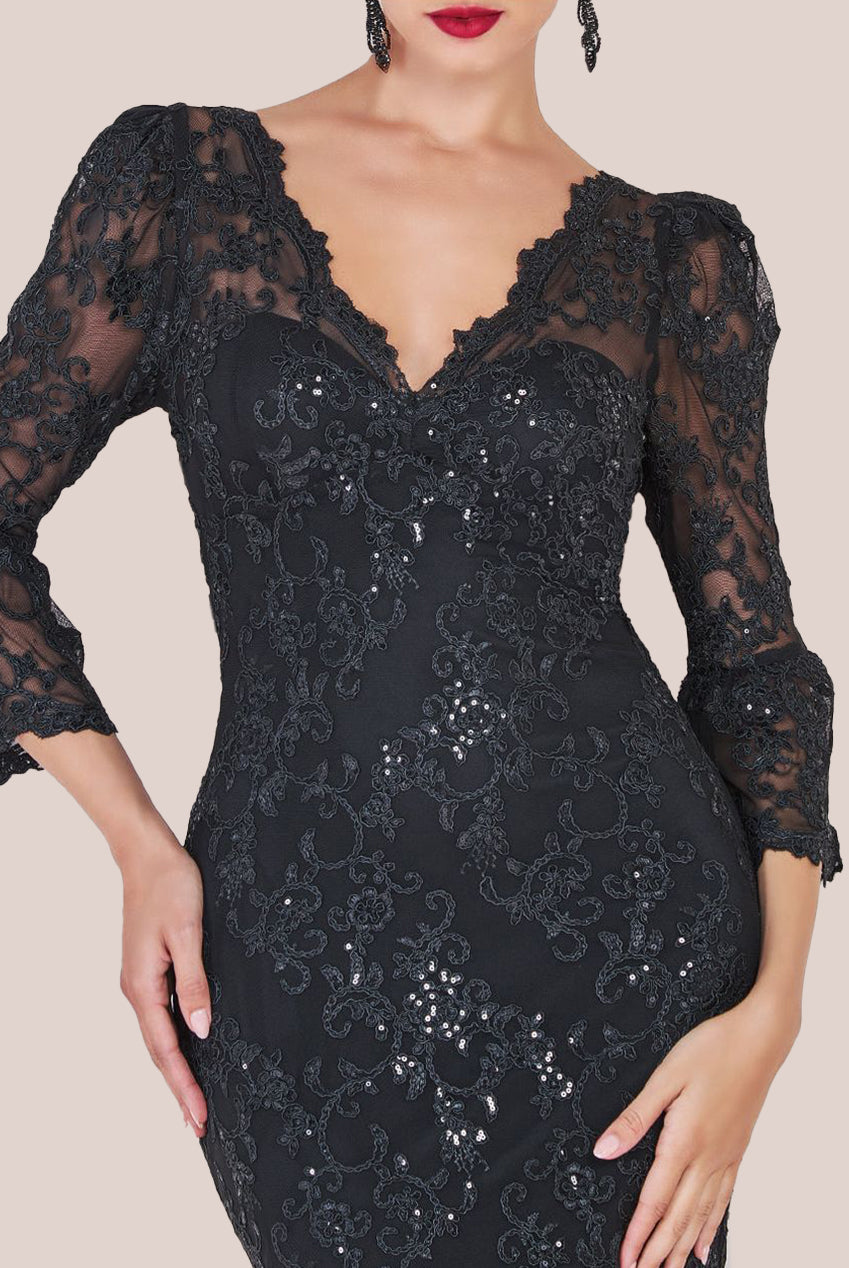 Sequin Scallop Lace Midi Dress - Black DR3960