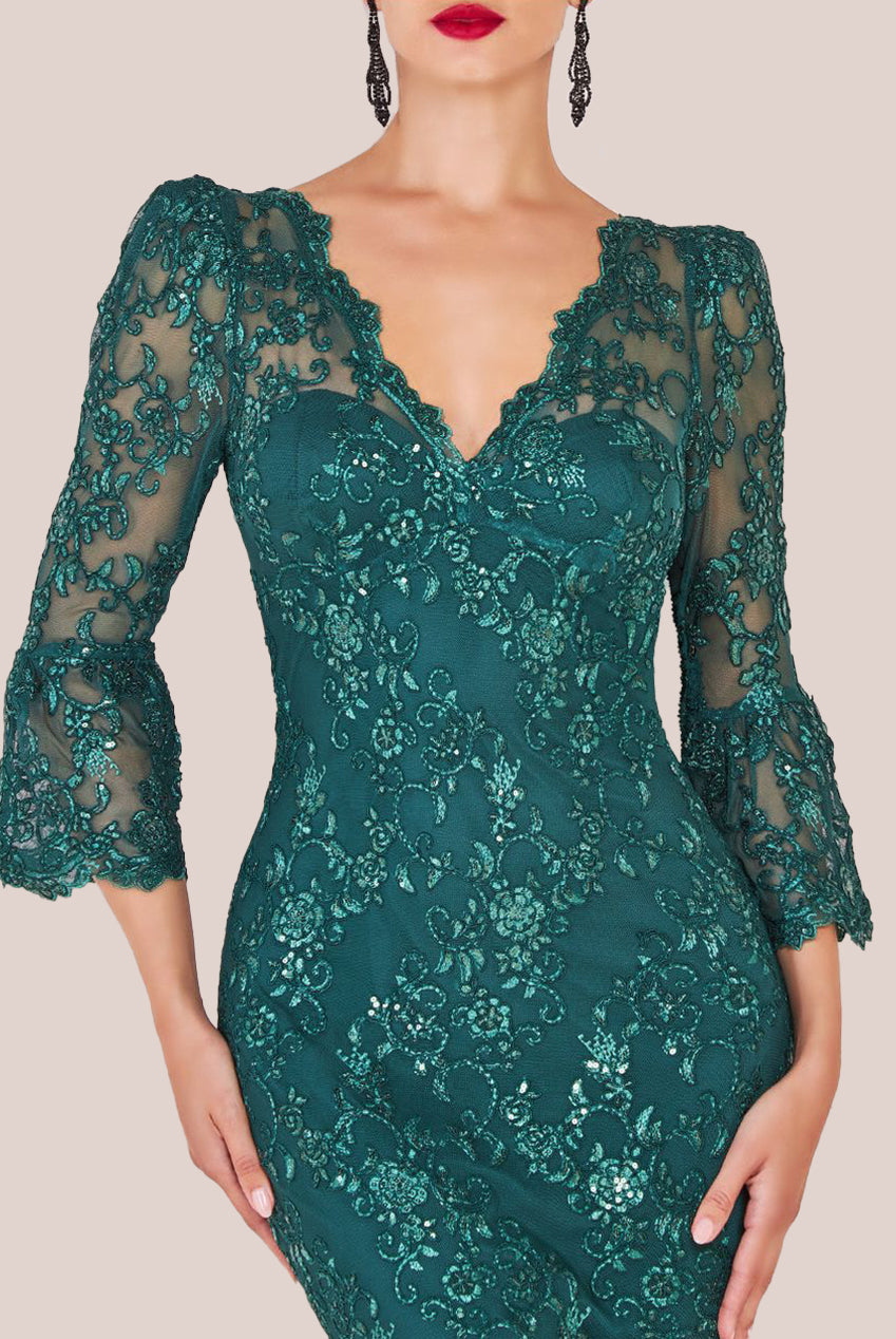 Sequin Scallop Lace Midi Dress Emerald Green