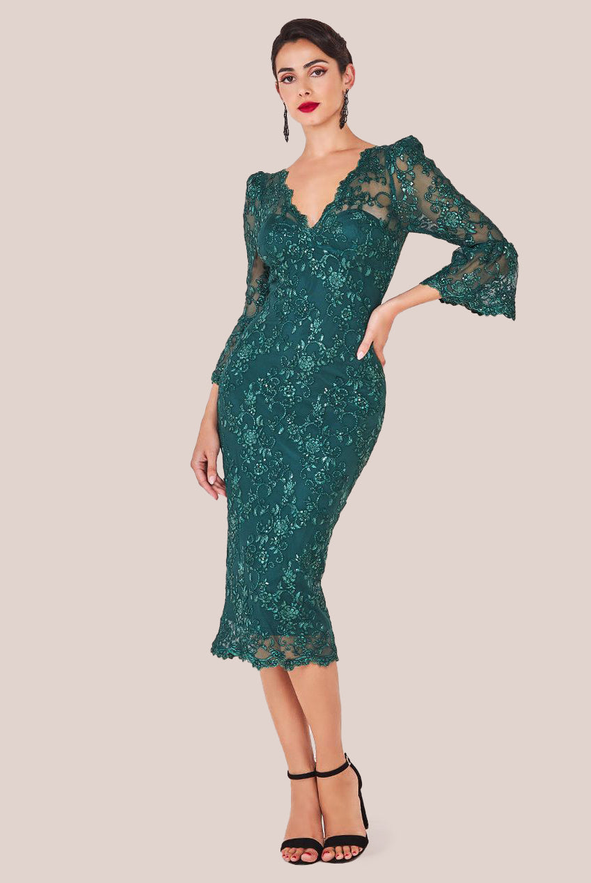 Sequin Scallop Lace Midi Dress - Emerald Green DR3960