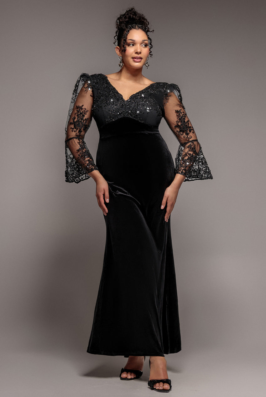 Scalloped Lace & Velvet Maxi Dress - Black DR3972PLUS