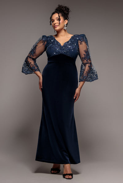 Navy - Scalloped Lace & Velvet Maxi Dress - Navy by Goddiva Plus