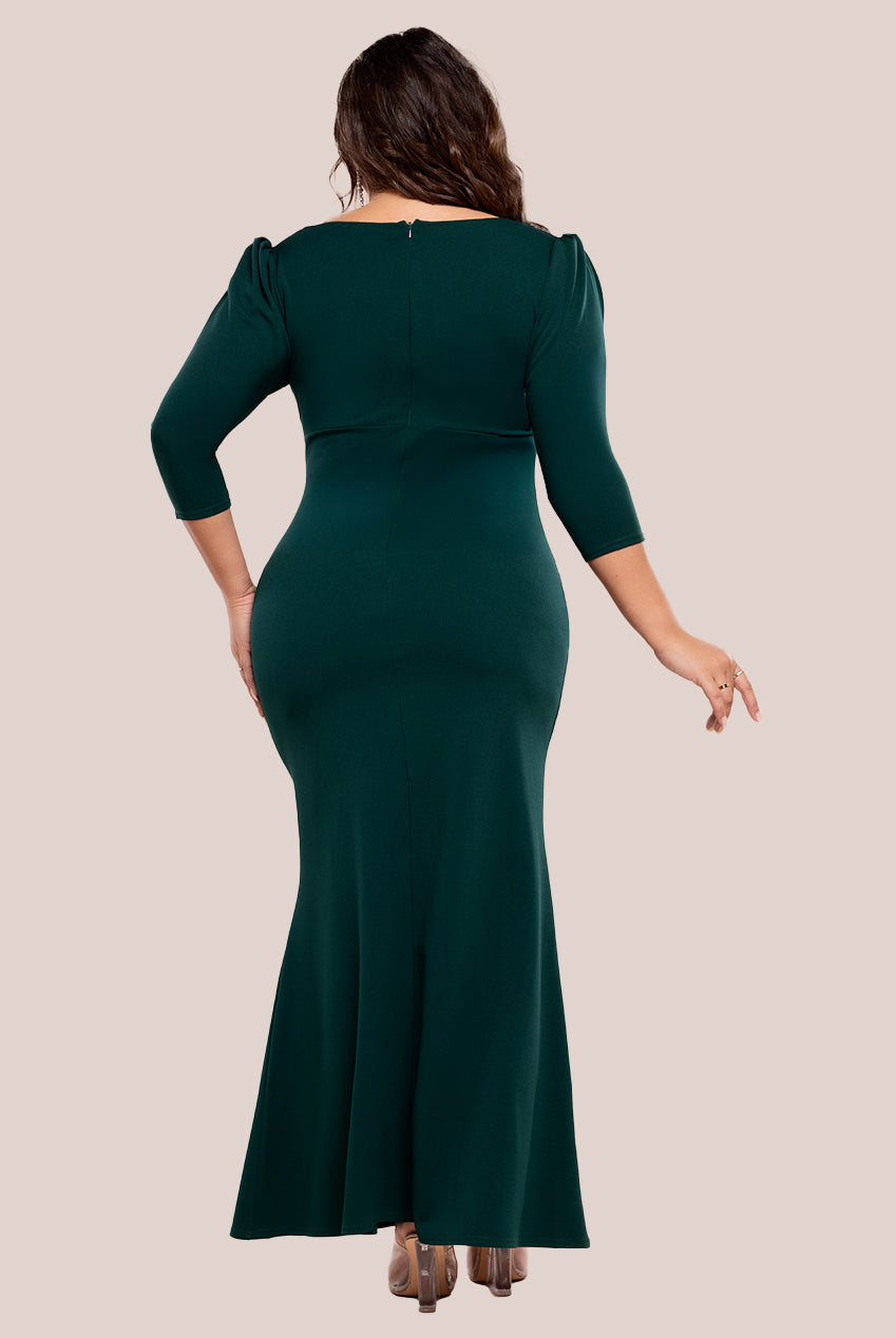 Three-Quarter Faux Wrap Neck Maxi Dress - Emerald Green DR3975PLUS