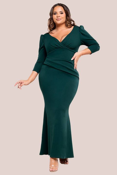 Three-Quarter Faux Wrap Neck Maxi Dress - Emerald Green by Goddiva Plus