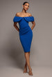 Scuba Crepe Pleated Bardot Midi Dress - Royal Blue by Goddiva