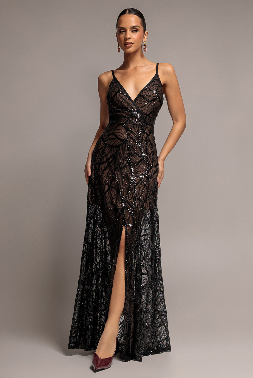 Iridescent Sequin Maxi With Front Split - Black DR3986