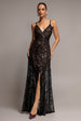Iridescent Sequin Maxi With Front Split - Black by Goddiva