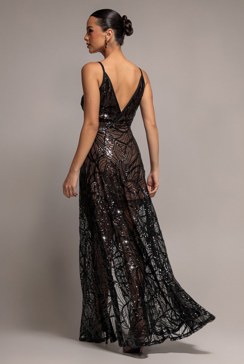 Iridescent Sequin Maxi With Front Split - Black DR3986