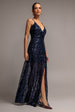 Ornamental Patterned Iridescent Sequin Maxi With Front Split - Navy Blue by Goddiva