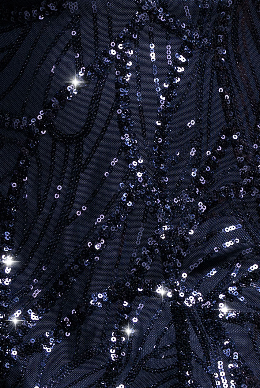 Ornamental Patterned Iridescent Sequin Maxi With Front Split - Navy Blue DR3986