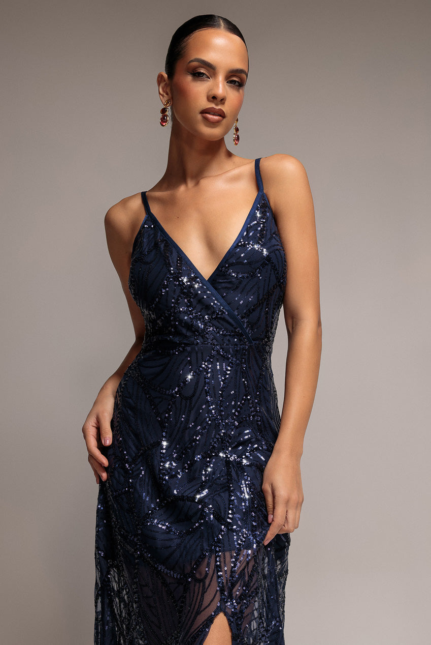 Ornamental Patterned Iridescent Sequin Maxi With Front Split - Navy Blue DR3986