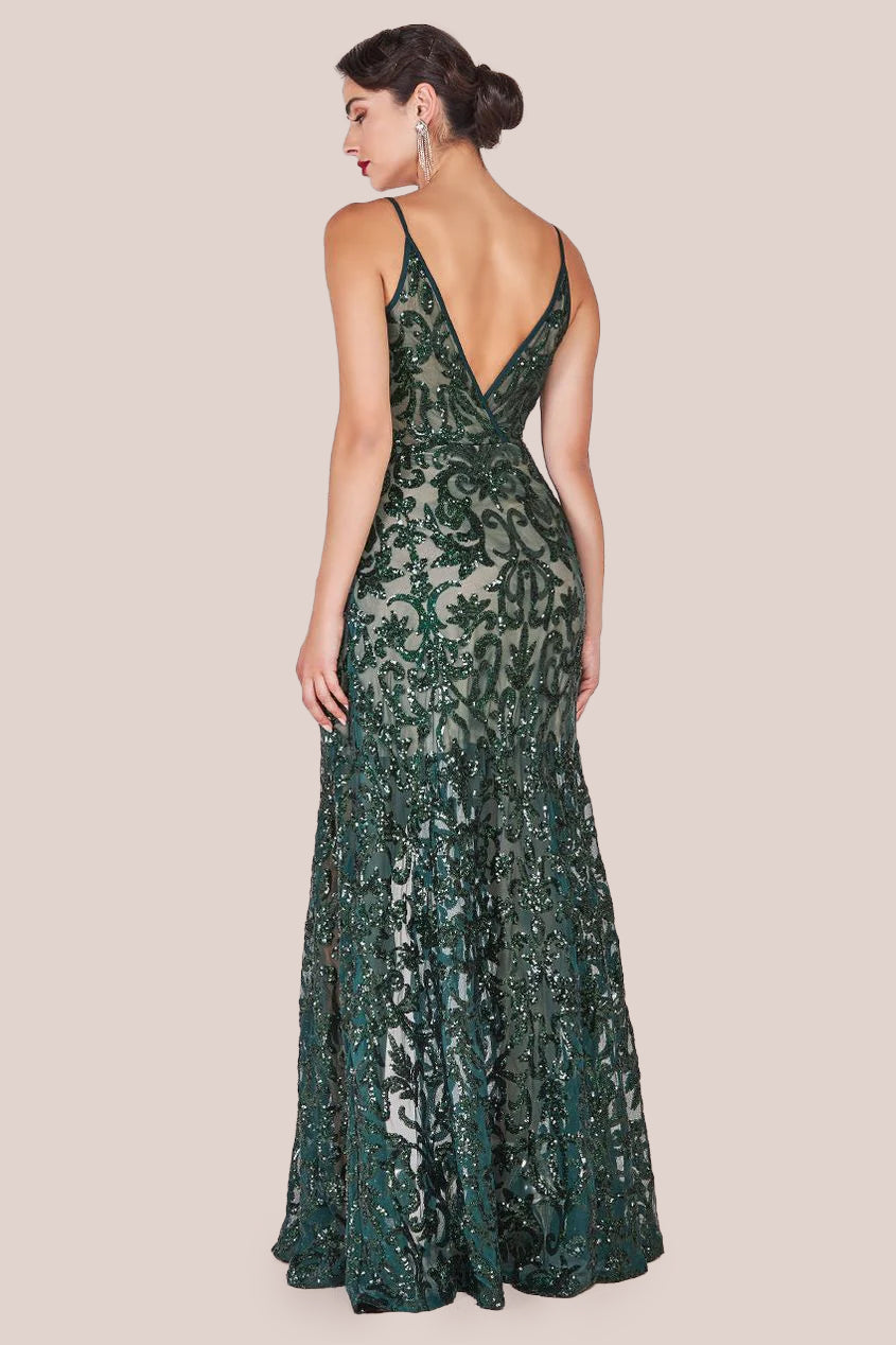 Iridescent Sequin Maxi With Front Split - Emerald Green DR3986