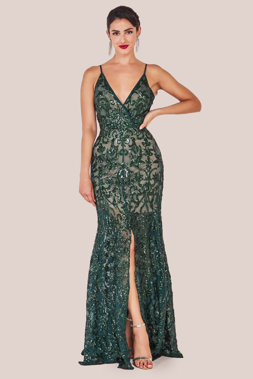 Iridescent Sequin Maxi With Front Split - Emerald Green DR3986