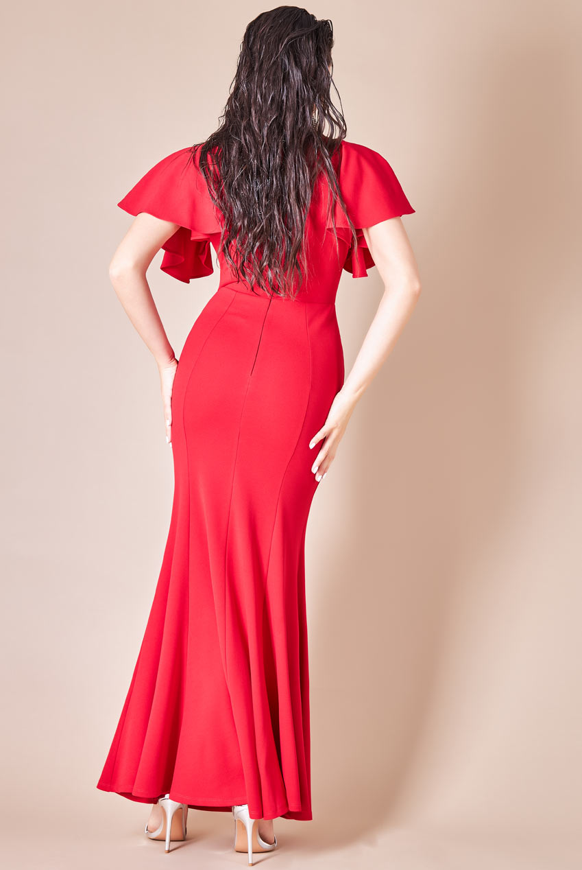 Flared Sleeve Front Wrap Maxi Dress - Red DR3997