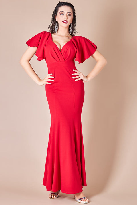 Flared Sleeve Front Wrap Maxi Dress - Red by Goddiva