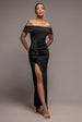 Sparkle Bardot Maxi With Waterfall Ruffle - Black by Goddiva