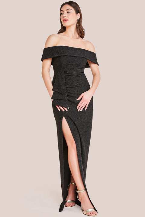 Sparkle Bardot Maxi With Waterfall Ruffle - Black by Goddiva