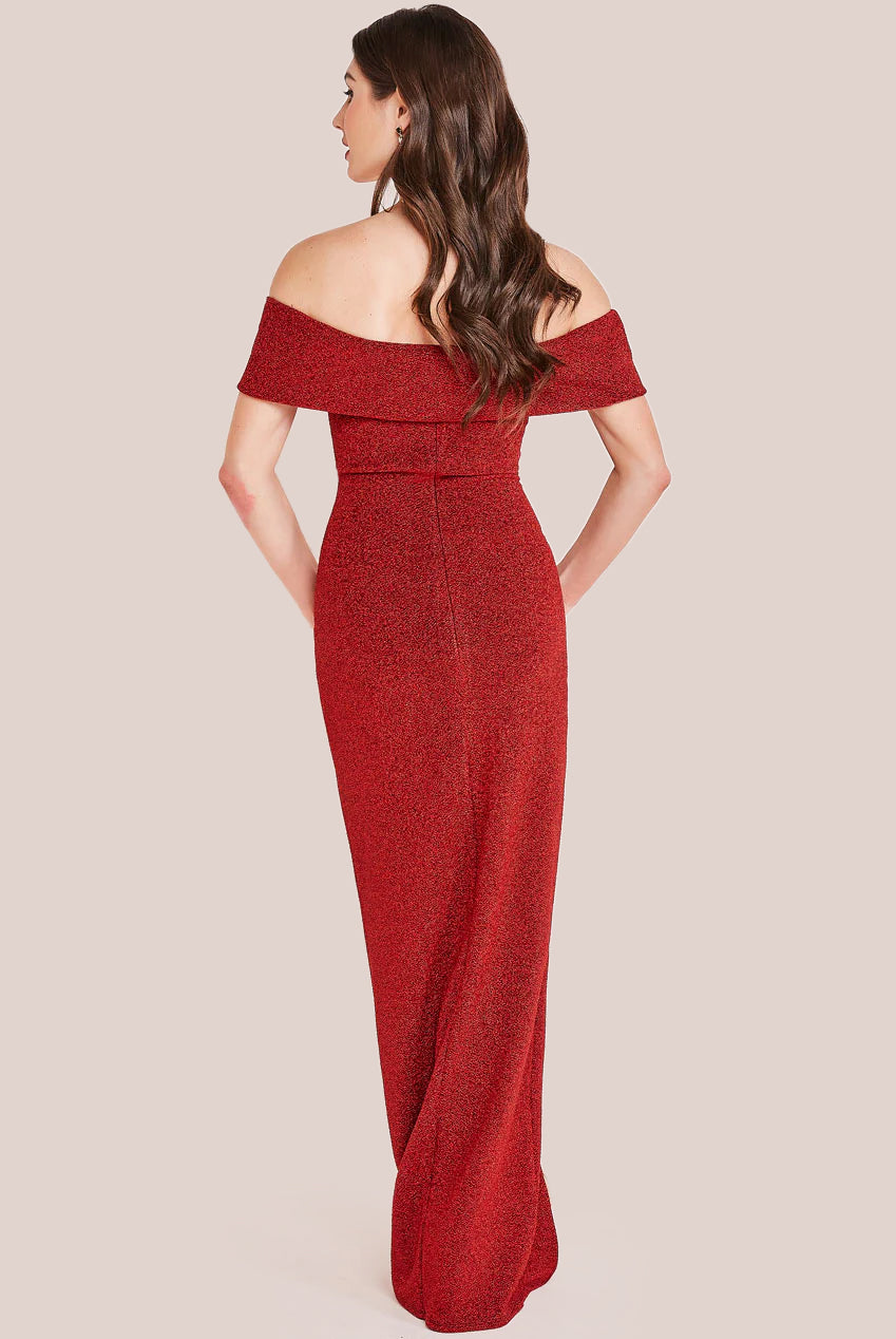 Sparkle Bardot Maxi With Waterfall Ruffle - Red DR3998