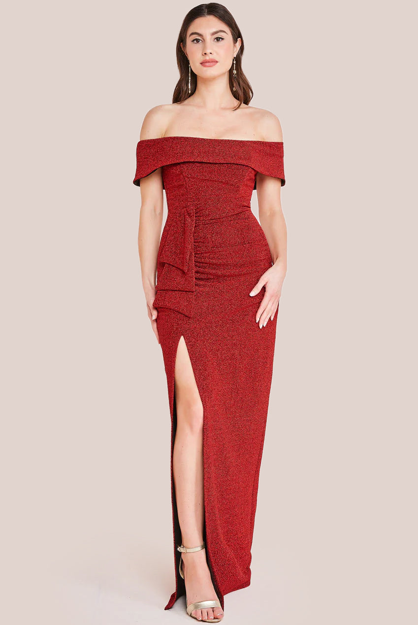 Sparkle Bardot Maxi With Waterfall Ruffle - Red DR3998