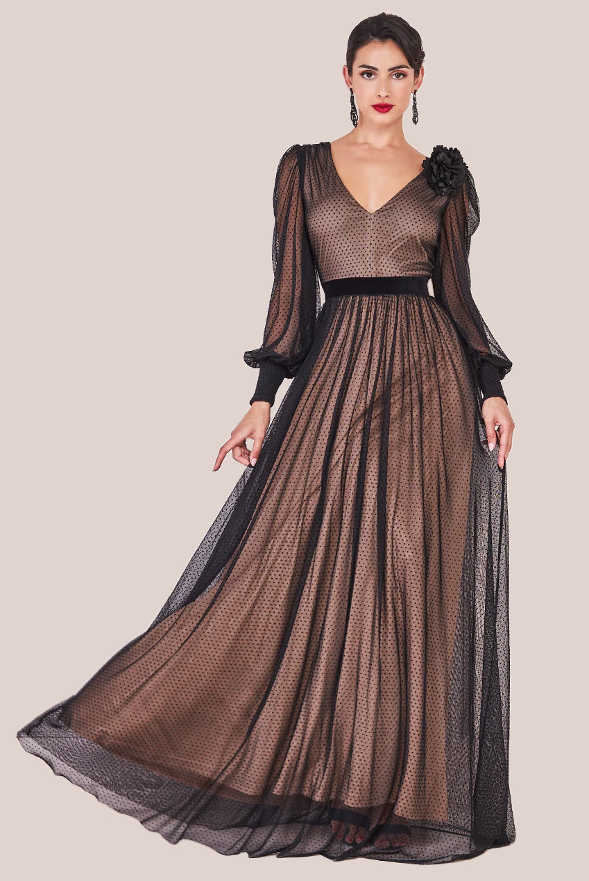 Corsage V-Neck Dobby Mesh Maxi - Black DR4001