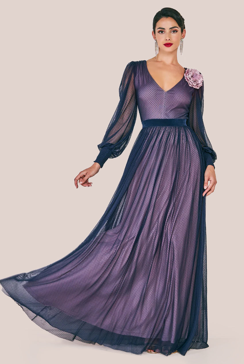 Corsage V-Neck Dobby Mesh Maxi - Blue DR4001