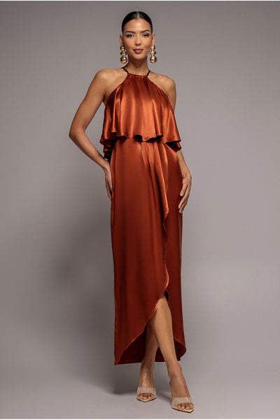 Satin Viscose Front Wrap Midaxi Dress - Brown by Goddiva