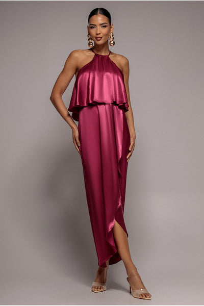 Satin Viscose Front Wrap Midaxi Dress - Burgundy by Goddiva
