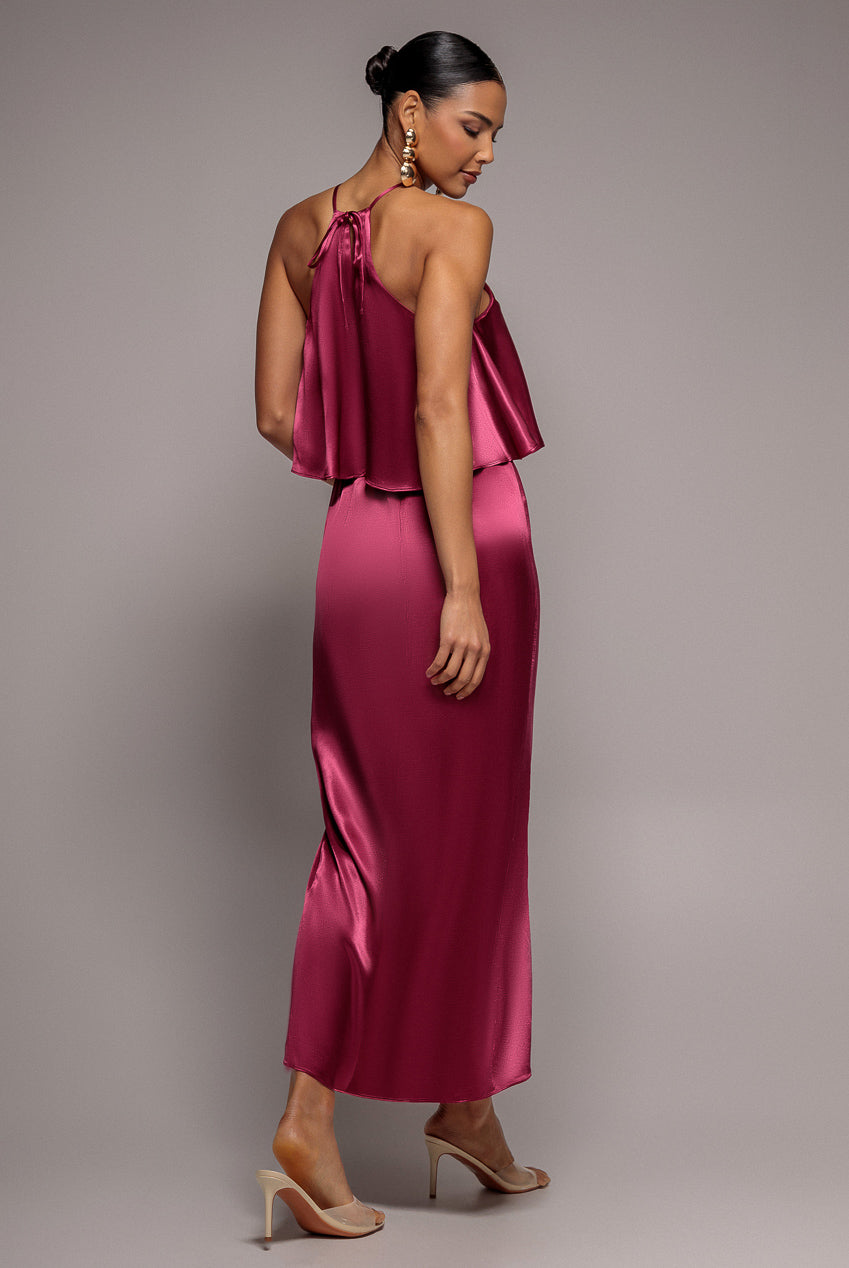 Satin Viscose Front Wrap Midaxi Dress - Burgundy DR4002