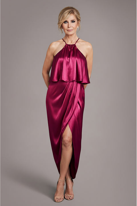 Satin Viscose Front Wrap Midaxi Dress - Burgundy by Goddiva