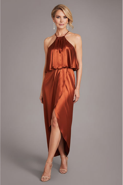 Satin Viscose Front Wrap Midaxi Dress - Brown by Goddiva