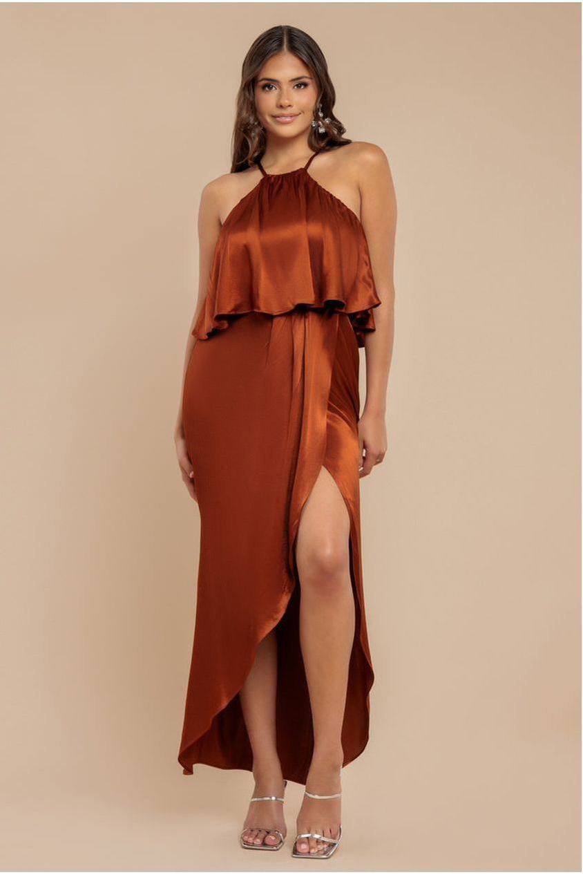 Satin Viscose Front Wrap Midaxi Dress - Brown DR4002