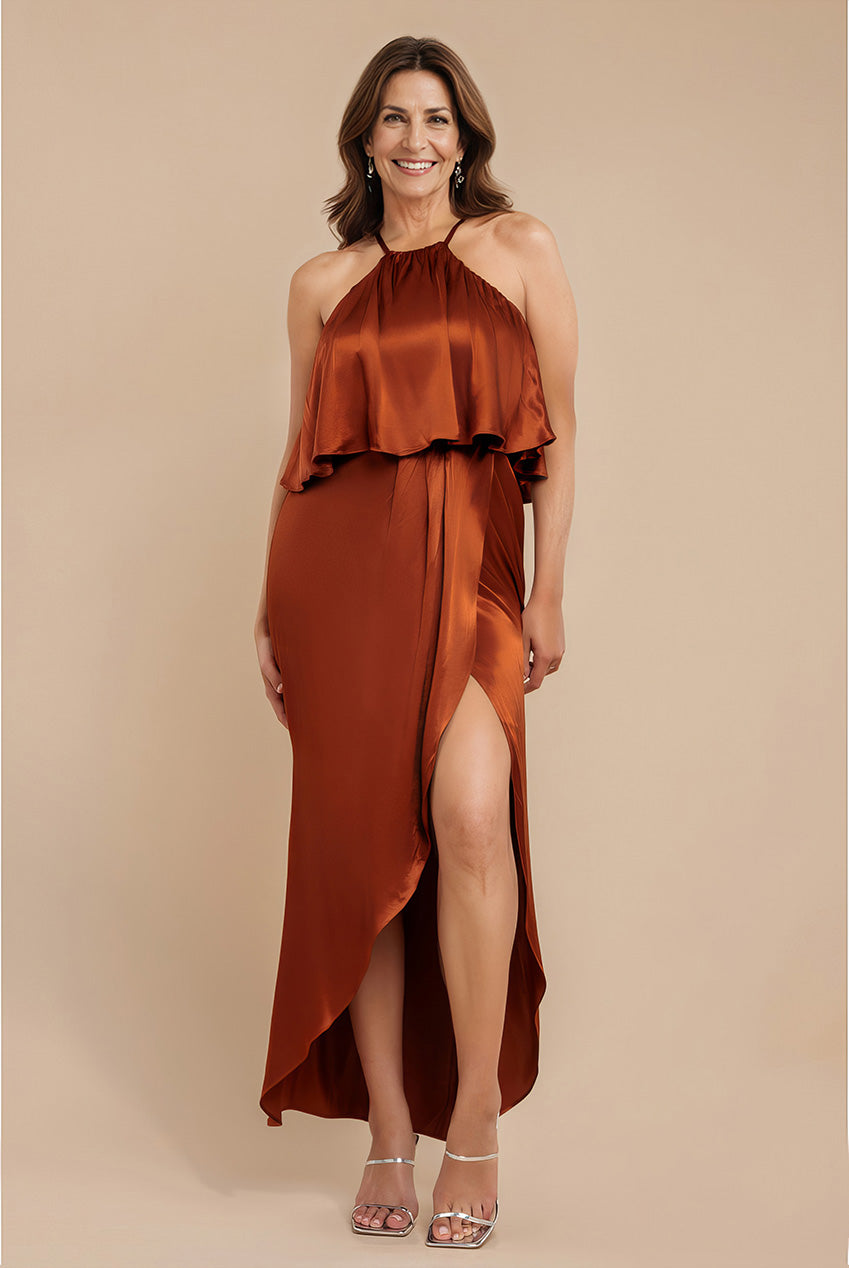 Satin Viscose Front Wrap Midaxi Dress - Brown DR4002M