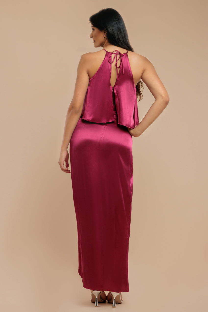 Satin Viscose Front Wrap Midaxi Dress - Burgundy DR4002M