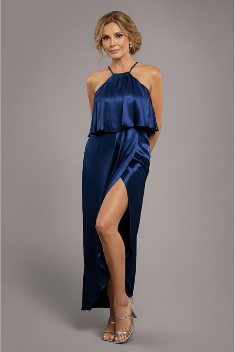 Satin Viscose Front Wrap Midaxi Dress - Navy Blue by Goddiva