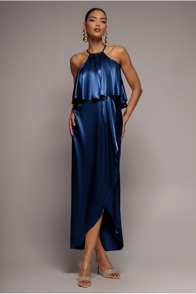 Satin Viscose Front Wrap Midaxi Dress - Navy by Goddiva
