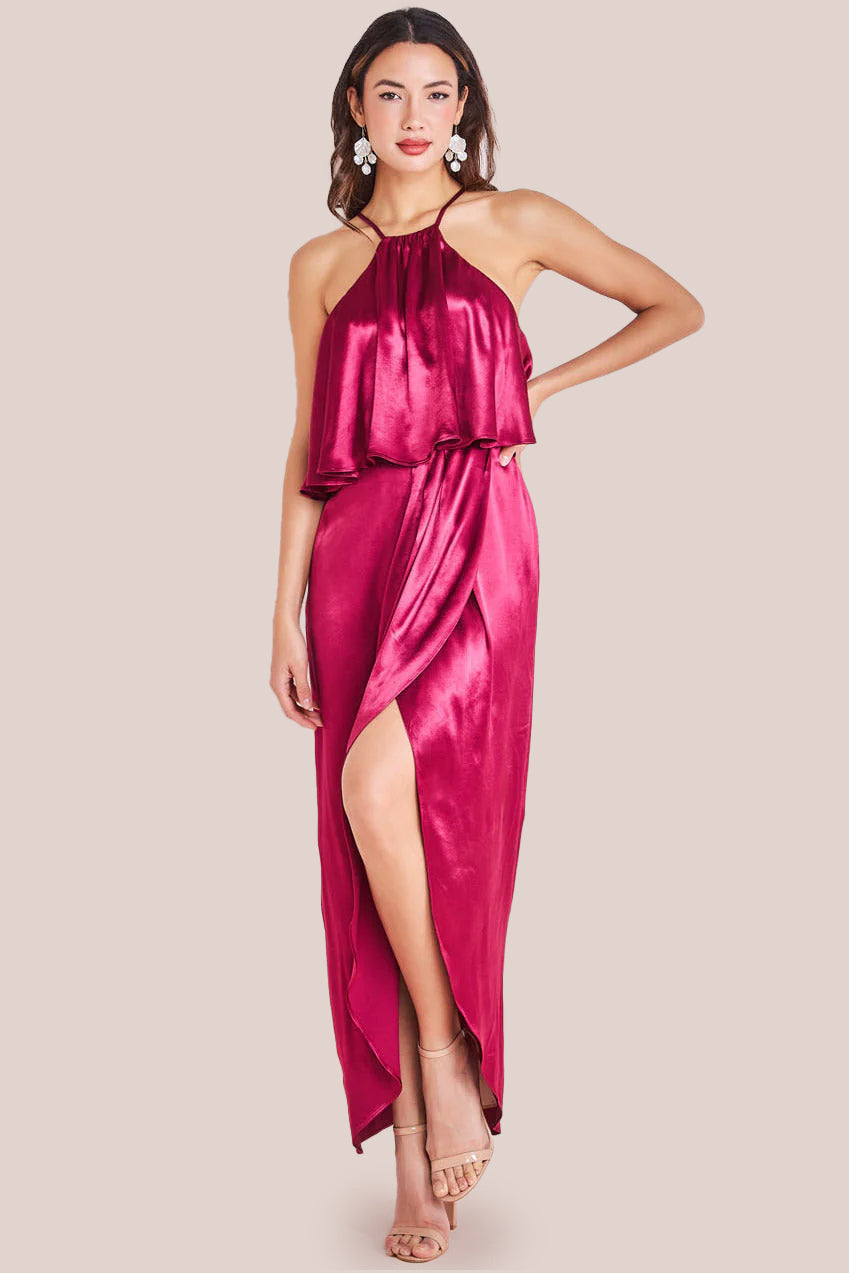 Satin Viscose Front Wrap Midaxi Dress - Burgundy DR4002