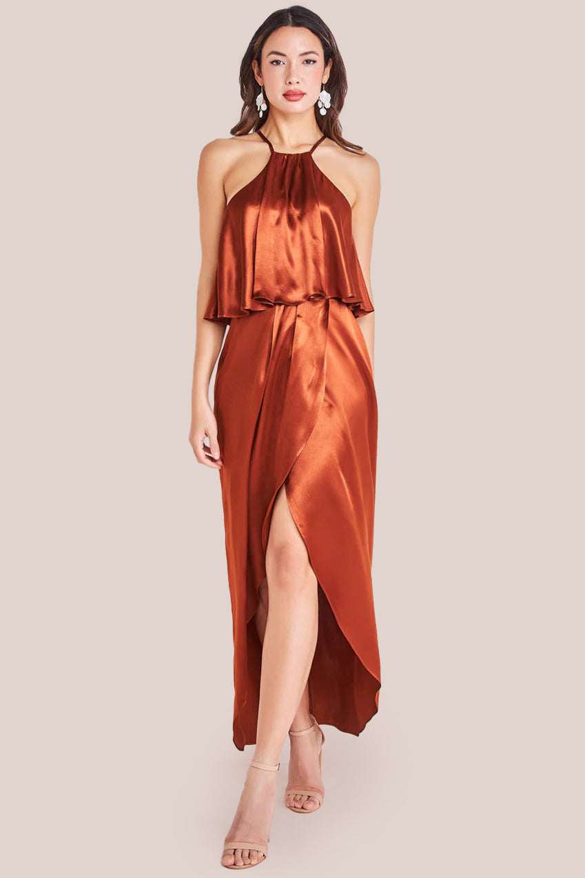 Satin Viscose Front Wrap Midaxi Dress - Brown DR4002