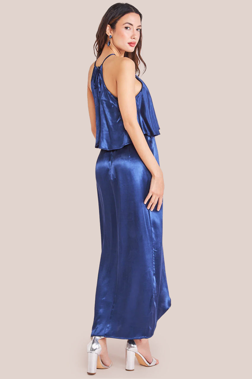 Satin Viscose Front Wrap Midaxi Dress - Navy DR4002