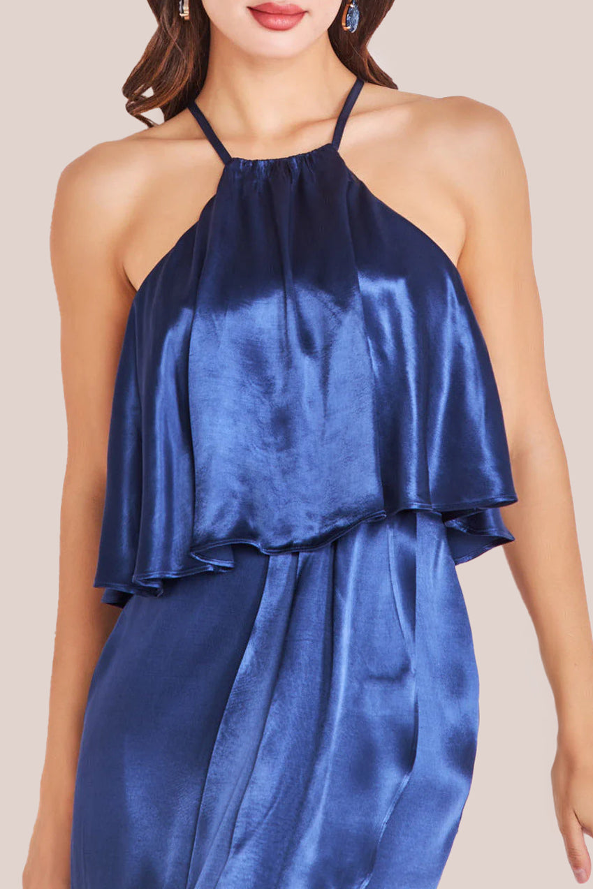 Satin Viscose Front Wrap Midaxi Dress - Navy DR4002