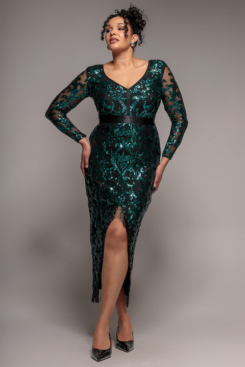 Tassel & Sequin Midaxi With Front Split - Emerald Green by Goddiva Plus