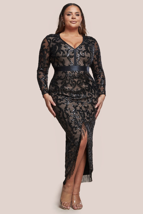 Tassel & Sequin Maxi With Front Split - Black by Goddiva Plus